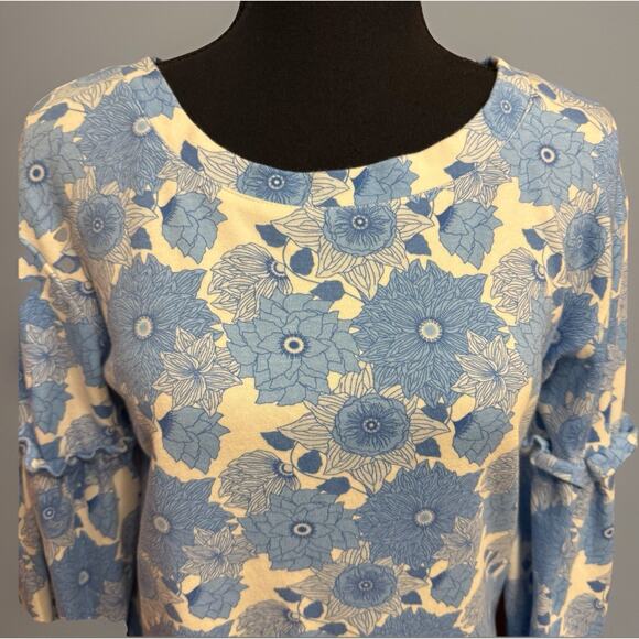 Kate Quinn Blouse Large Womens Organic Cotton Peasant Top White Blue Floral Twee - Picture 2 of 8